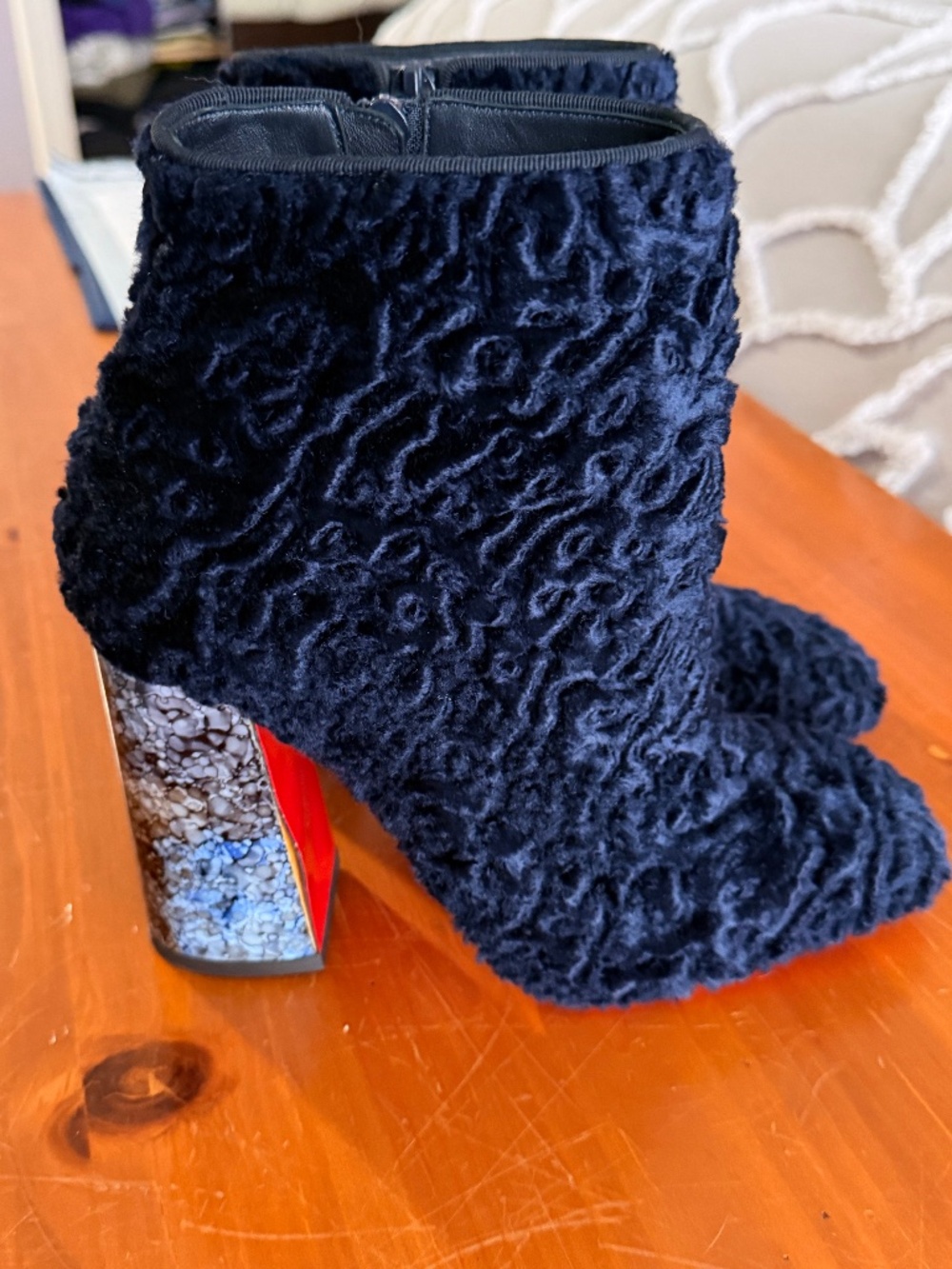 Christian Louboutin Tissu Poodle Hilconico Faux Fur Block Heel Ankle Booties
